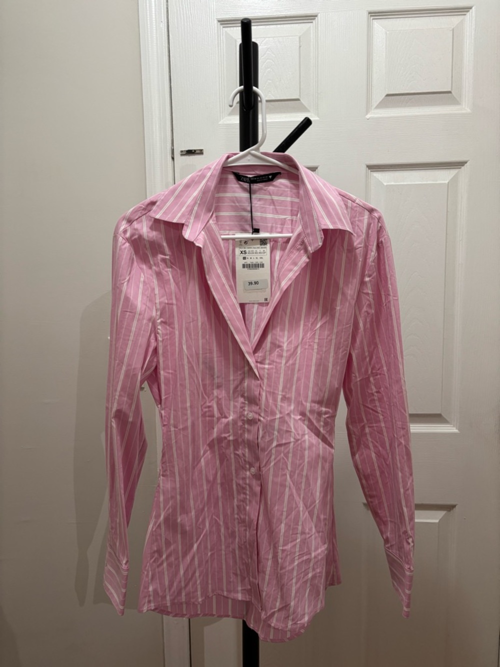 Zara Pink and White Striped Button-Up Blouse
